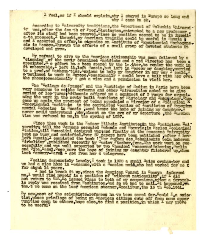 Letter from Vera Danchakoff in which she explains why she left Europe to return to the United States and the journey she took.