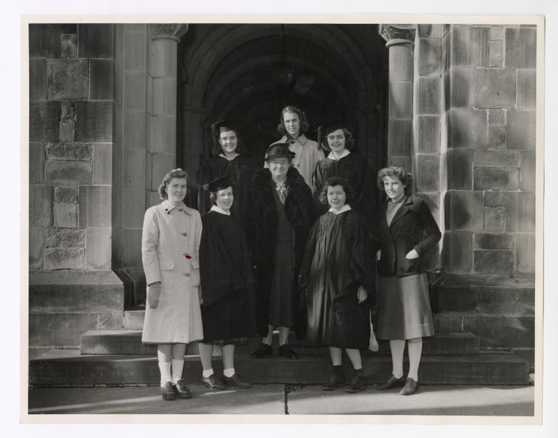 Florence Sabin and seven unidentified women, full length, informal. Standing at Vassar College.