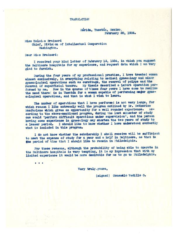 Translation of a letter from Consuelo Vadillo to Heloise Brainerd discussing Vadillo's plans to study in the United States.