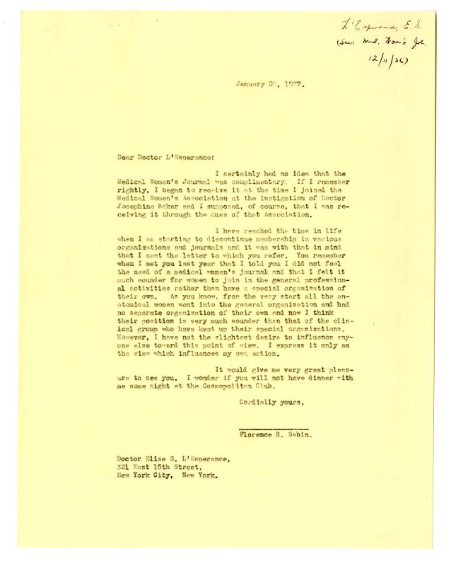 A letter from Florence Sabin to Elise L'Esperance in which Sabin expresses her ambivalence about organizations for women scientists.