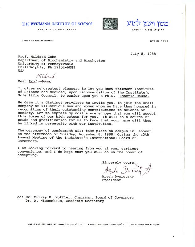 Letter from the Weizmann Institute announcing Mildred Cohn's honorary doctorate.