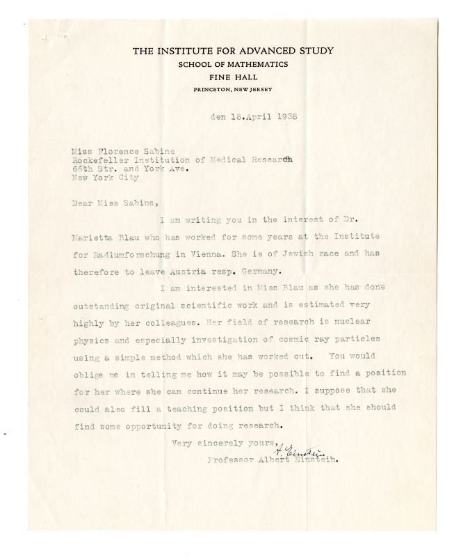 Letter from Albert Einstein to Florence Sabin seeking a position for Marietta Blau, 1938.